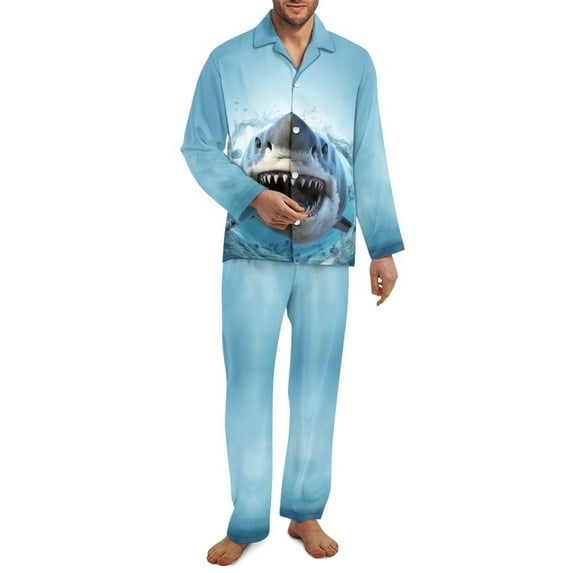 SEANATIVE Cartoon Shark Mens Button Up Pajamas Long Sleeve Pjs Men Button Down Pajamas Set of 2 Pajama Pants and Tops Casual Night Wear Clothes with Pockets Size S