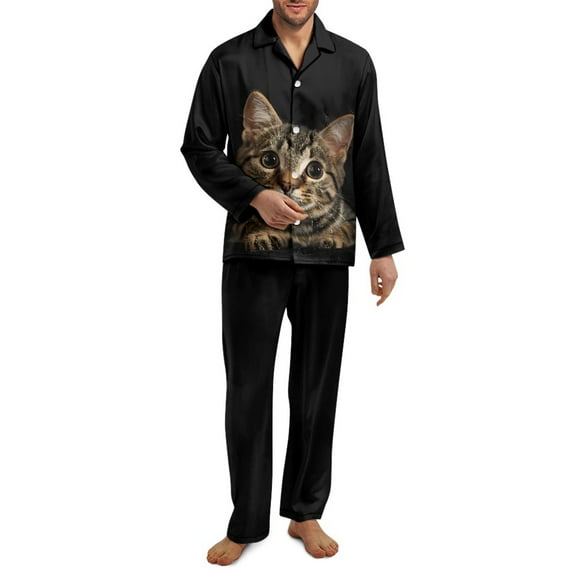 SEANATIVE Cat Mens Long Sleeve Pajamas Set Animal Print Big and Tall Pajamas for Mens 2 Piece Button Up Pajamas Jogger Nightwear Size M Long Pants Sleepwear Sets with Pockets