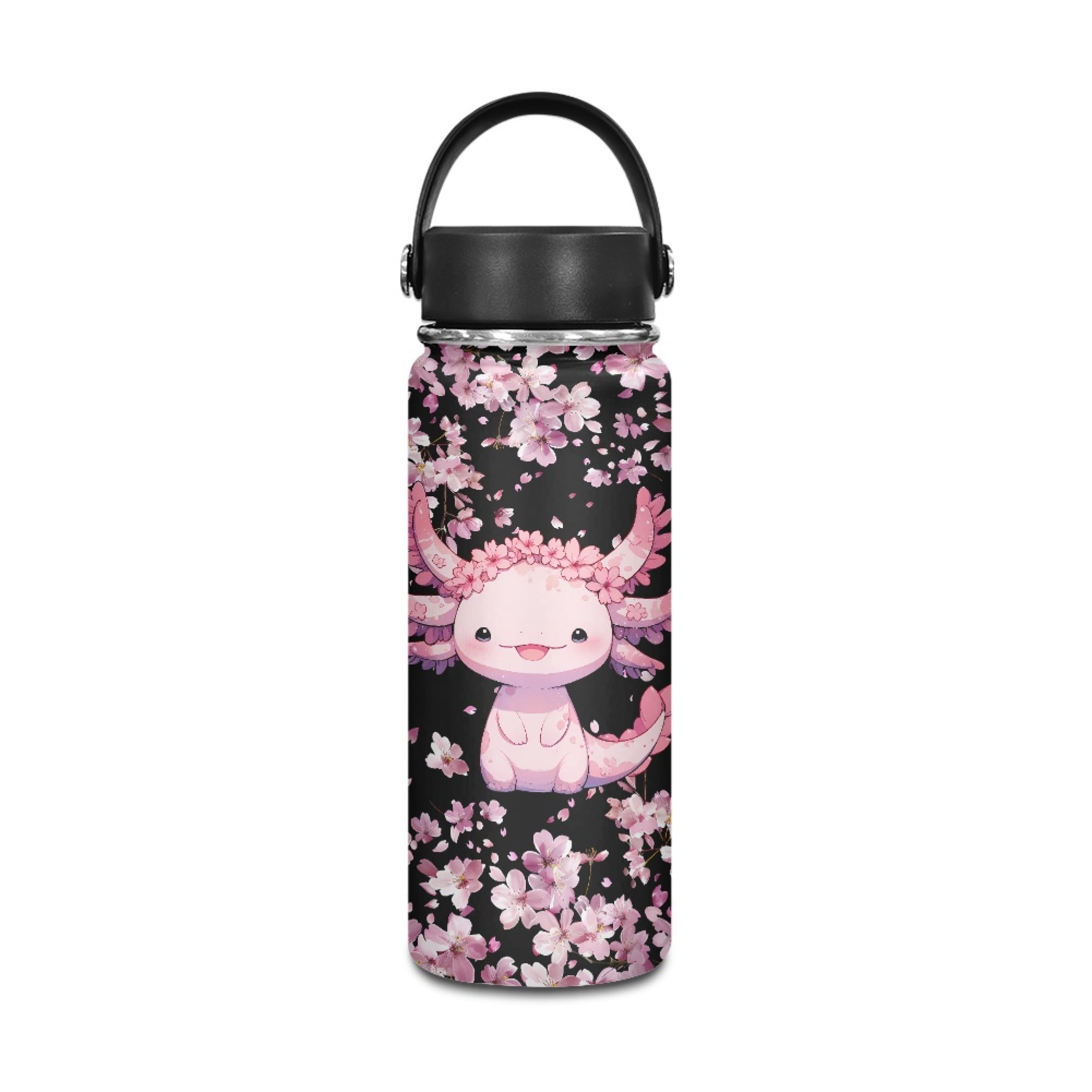 SEANATIVE Cherry Blossom Water Bottle Cute Water Bottle with Lid and Carry Loop Pink Axolotl Drinking Bottle 18oz Leakproof Canteen Boys School Sport Water Bottles