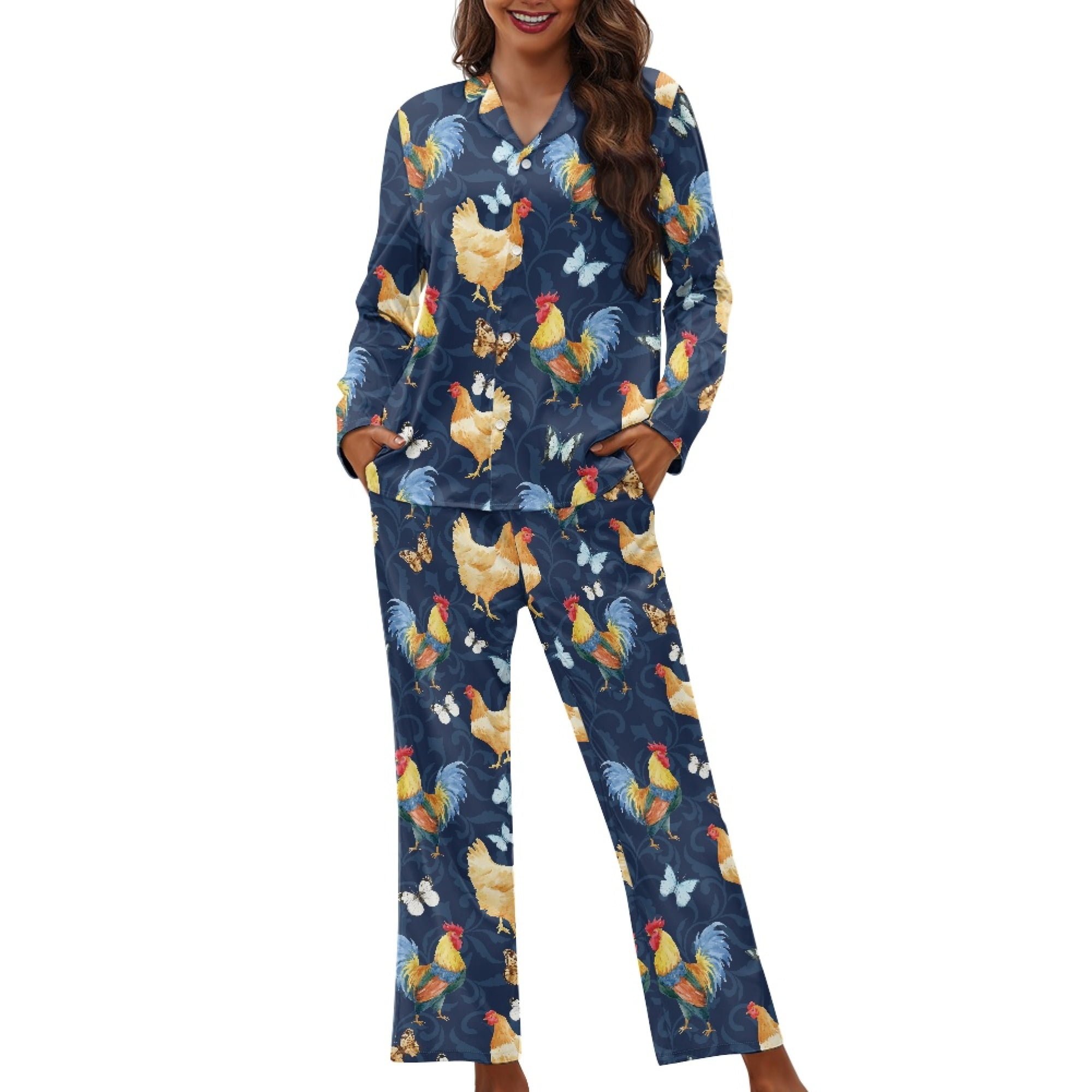 SEANATIVE Chicken Butterfly Womens Button Up Pajamas Size Small Womens ...