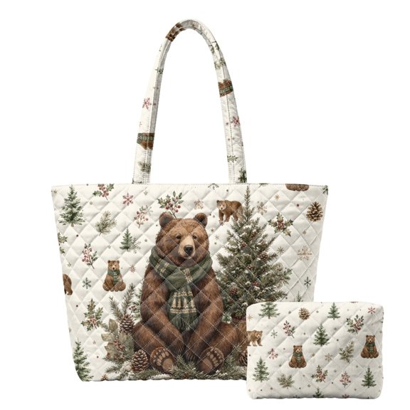 SEANATIVE Christmas Bear Pine Print Women's Quilted Bag, Polyester Purses and Handbags Set Easy to Clean Inner Pockets Quilted Shoulder Bags Handbags for Work