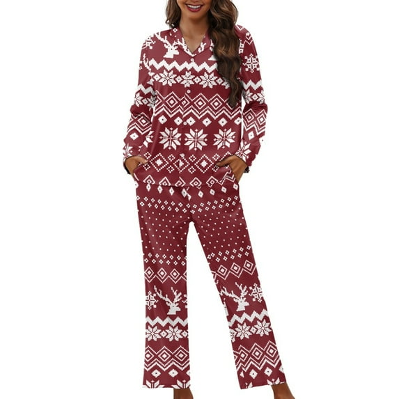 SEANATIVE Christmas Button Up Pajamas for Women Snowflake Reindeer Womens Pajama Sets Pants with Pockets Size S Long Sleeve Women Pjs Soft Night Suits Women Pajama Set of 2