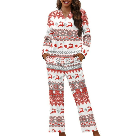 SEANATIVE Christmas Button Up Pajamas Xmas Reindeer Pajama Size M Long Sleeve Top and Pants Loungewear 2 PCS Women's Novelty Print Pajamas Set Soft Ladies Sleepwear Pajamas Set