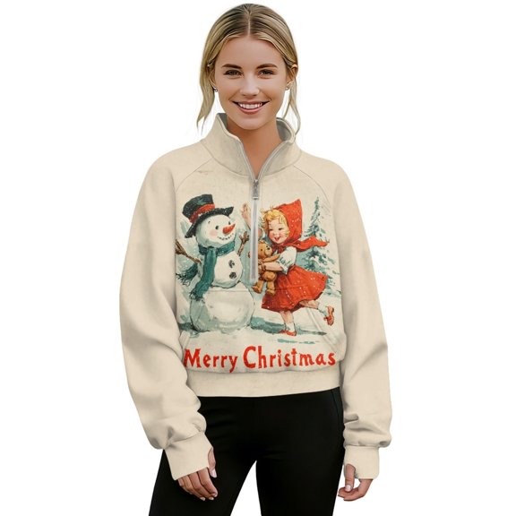 SEANATIVE Christmas Long Sleeve Pullover for Women Mock Neck Sweatshirt Soft Cozy Cropped Pullover with Zipper Front Thumb Hole Women's Workout Clothes, XL, Beige Snowman Merry Christmas