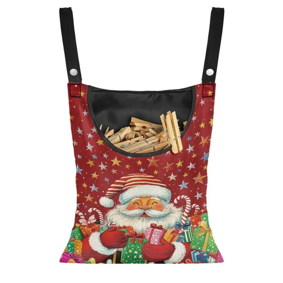 SEANATIVE Christmas Santa Clothespin Bag with Hanging Hook Summer Laundry Clothes Pin Holder 2 Pack Washable Clothes Pin Hanging Bag with Large Opening, Xmas Gifts