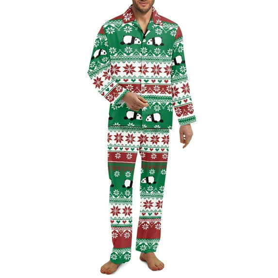 SEANATIVE Christmas Snowflake Mens Button Up Pajamas Xmas Panda Long Sleeve Pjs Men Button Down Pajamas Set of 2 Pajama Pants and Tops Night Wear Clothes with Pockets Size 3XL