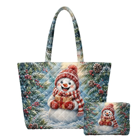 SEANATIVE Christmas Snowman Print Quilted Shoulder Bags for Short Trips, Portable Multifunctional Women's Shoulder Bag and Storage Bag Set of 2 Stretch Polyester Women's Quilted Bag