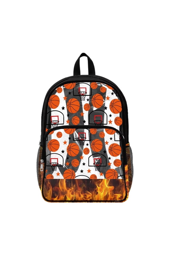 Clear Backpack for Boys Girls Clear Backpacks Transparent Daypack with Adjustable Straps, See Through Book Bag Back to School Essentials, Basketball Fire Pattern