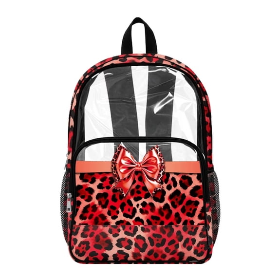 SEANATIVE Clear Backpack for Kids School Bag 17 Inch Large Capacity Bookbag Transparent Clear Bag Lightweight Casual Travel Beach Backpack for Teen Students, Leopard Bow Print Red