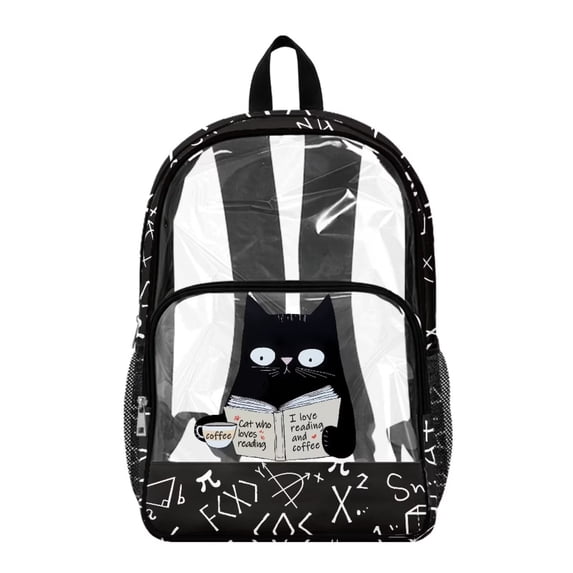 SEANATIVE Clear Backpacks for Girls Boys Preschool Elementary Kids Clear Backpack Transparent Bookbag See Through Daypack PVC Heavy Duty School Bag, Black Cat Book Coffee Print