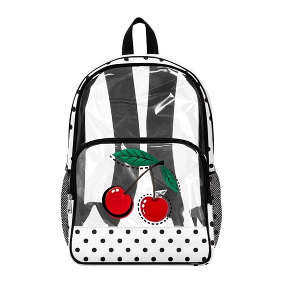 SEANATIVE Clear Backpacks for Girls Boys Preschool Elementary Kids Clear Backpack Transparent Bookbag See Through Daypack PVC Heavy Duty School Bag, Cherry Polka Dots White Black