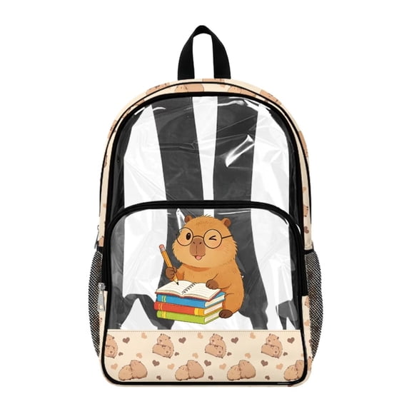 SEANATIVE Clear Bookbag for Girls Boys Transparent Backpack See Through School Daypack PVC Heavy Duty Unisex School Backpack for Teens Kids, Cartoon Capybara Heart Pattern Beige