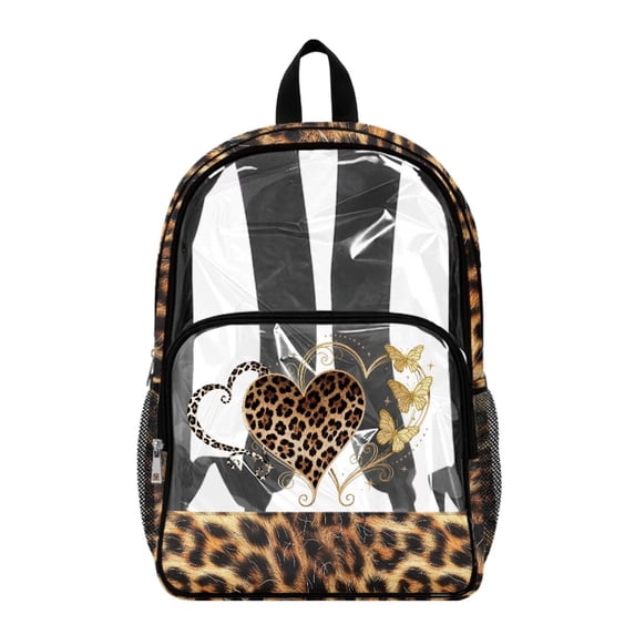 SEANATIVE Clear Bookbag for Girls Boys Transparent Backpack See Through School Daypack PVC Heavy Duty Unisex School Backpack for Teens Kids, Heart-shaped Pattern Leopard Print