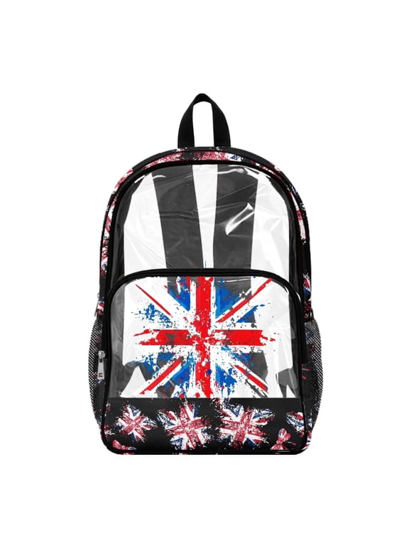 Clear Bookbag for Girls Boys Transparent Backpack See Through School Daypack PVC Heavy Duty Unisex School Backpack for Teens Kids, Union Jack British Flag Black