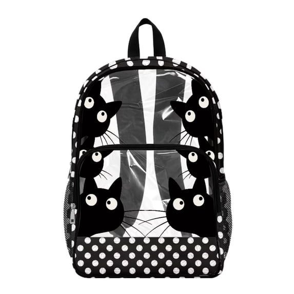 SEANATIVE Clear PVC Backpack for Kids Boys Girls Transparent Bookbag See Through School Daypack Middle High School Backpacks Rucksack Schoolbag, Black Cat Polka Dots Black
