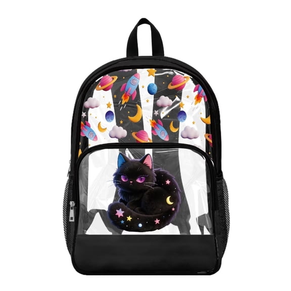 SEANATIVE Clear PVC Backpack for Kids Transparent School Bag Cute Printed Bookbag Clear Bag with Front Pocket Students Rucksack for Middle High School, Black Cat Star Moon Pattern