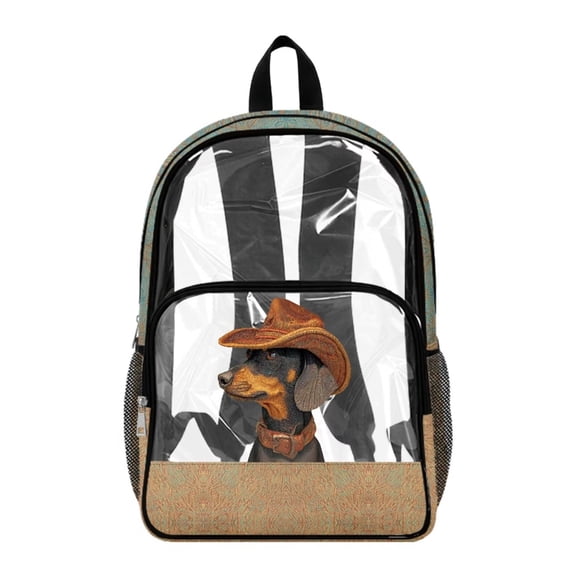 SEANATIVE Clear PVC Backpack for Kids Transparent School Bag Cute Printed Bookbag Clear Bag with Front Pocket Students Rucksack for Middle High School, Dachshund Dog Cowboy Hat Pattern
