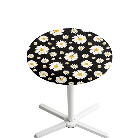 SEANATIVE Cocktail Table Cloth 24 x 24 Inch Round Cocktail Tablecloth with Elastic Edged Fitted Spandex Small Round Table Topper Covers for Picnic Party Bar Pub, Daisy Print Black