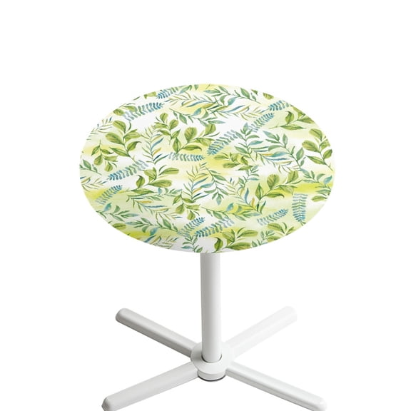 SEANATIVE Cocktail Table Cover Stretch Round Tablecloth with Elastic Edged High Top Table Covers Washable Spandex Round Table Topper Cap for Bar Party 24'' Diameter, Green Leaves