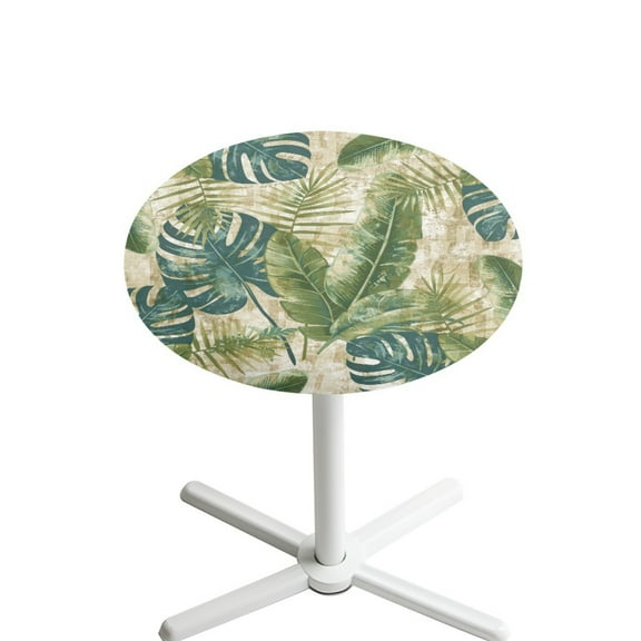 SEANATIVE Cocktail Table Top Covers Washable Small Round Tablecloths Picnic Table Topper Cap Covers with Elastic Edge Easy to Care for Bars Pubs 24 Inch, Banana Palm Monstera Leaf Green Retro