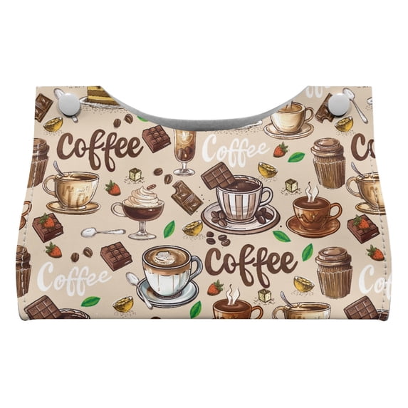 SEANATIVE Coffee Themed Tissue Box Cover PU Leather Tissue Holder with Top Buckle, Portable Tissue Box Organizer Cover Facial Tissue Holder for Bathroom, Bedroom, Hotel, Office Desk