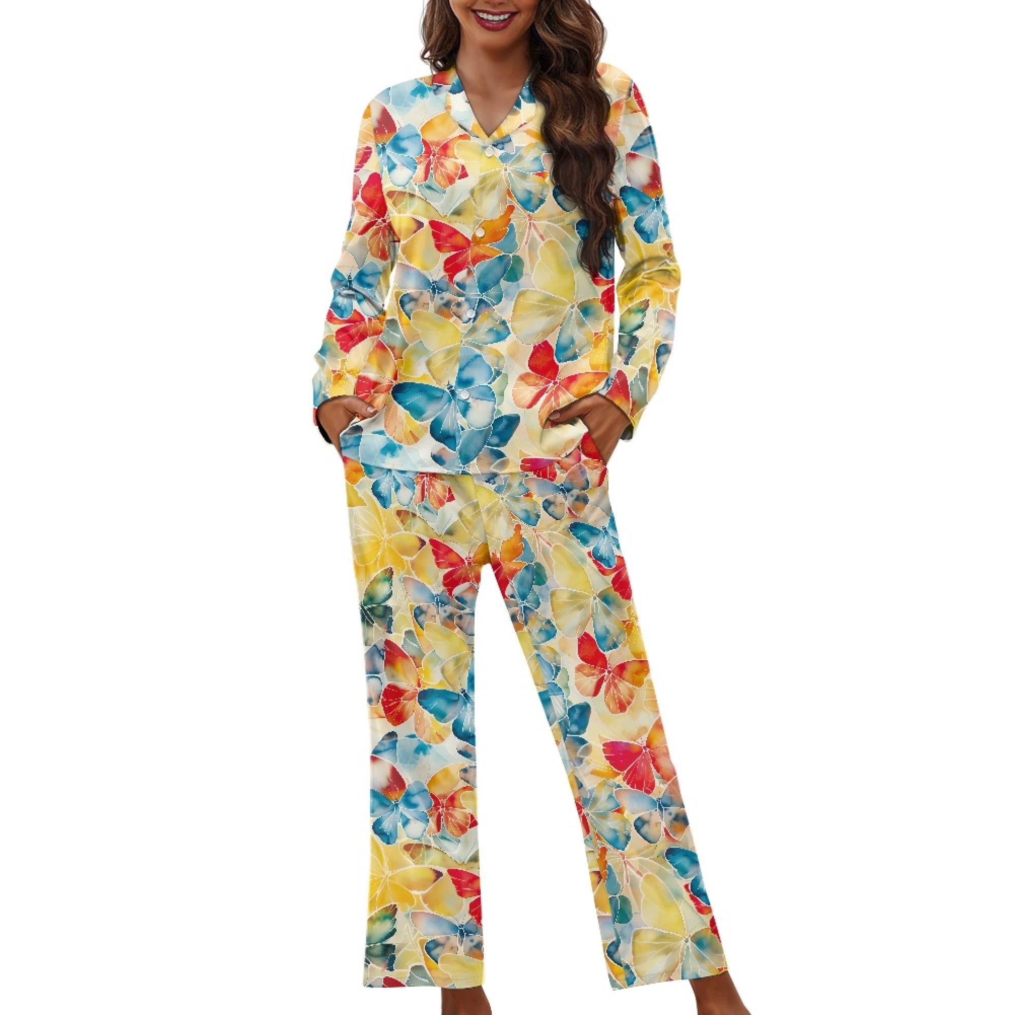 SEANATIVE Colorful Butterfly Button Up Pajamas for Women Long Sleeve ...