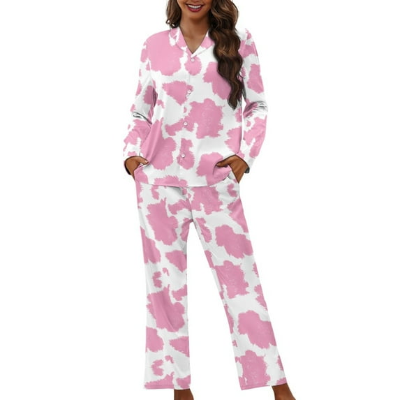 SEANATIVE Cow Print Button Up Pajamas for Women Pink Ladies Nightwear Outfits 2 Piece Sleepwear Pajamas with Pockets Long Sleeve Top and Pants Loungewear Women Sleepwear Size XL