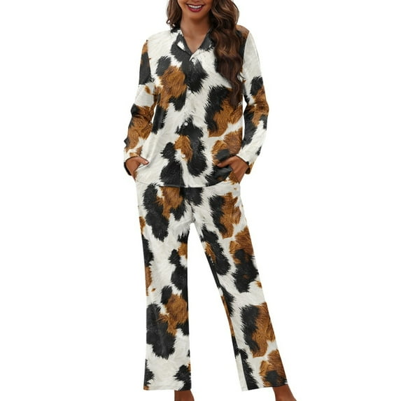 SEANATIVE Cow Print Button Up Pajamas for Women Size M Long Sleeve Pj Loungewear Tops and Pants Set Women Clothes 2 Piece Nightwear for Women Sleepwear with Pockets