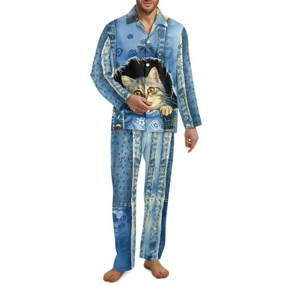 SEANATIVE Cowboy Cat Pajamas for Men Size 3XL Men Button Down Pajamas Set 2 Piece Long Sleeve Sleepwear Jogger Clothes Pajamas Top and Pants with Pockets Nightwear