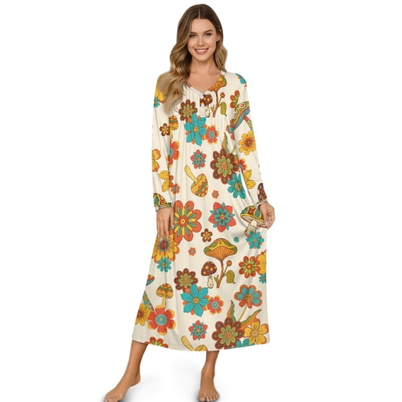 SEANATIVE Cozy Winter Nightgown for Women Soft Lightweight Sleepshirt Sleep Dress Button Front Long Sleeve Nightshirt Full-Length Loungewear, 3XL, Mushroom Floral Beige