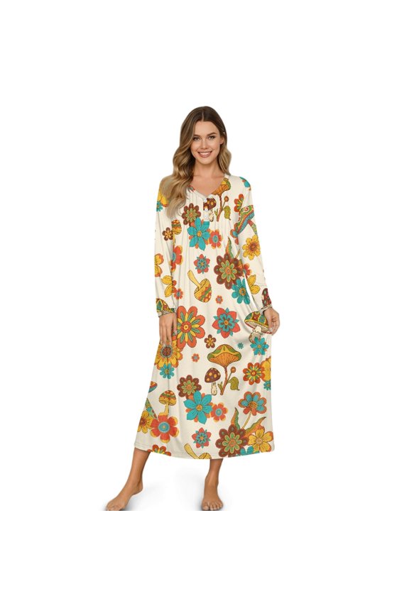 Cozy Winter Nightgown for Women Soft Lightweight Sleepshirt Sleep Dress Button Front Long Sleeve Nightshirt Full-Length Loungewear, M, Mushroom Floral Beige