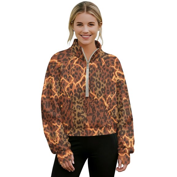SEANATIVE Cropped Sweatshirt Women Basic Pullover with Pocket Plus Size Sweater 1/2 Zipper Sweatshirts Trendy Cropped Pullover for Everyday Wear, 3XL, Lightning Leopard Print Brown