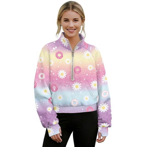 SEANATIVE Cropped Sweatshirts for Women Quarter Zip Oversized Sweatshirts Pullover Hoodies Mock Neck Sweater Winter Fall Workout Jacket Hoodies, XS, Daisy Star Donut Pink Blue Gradient