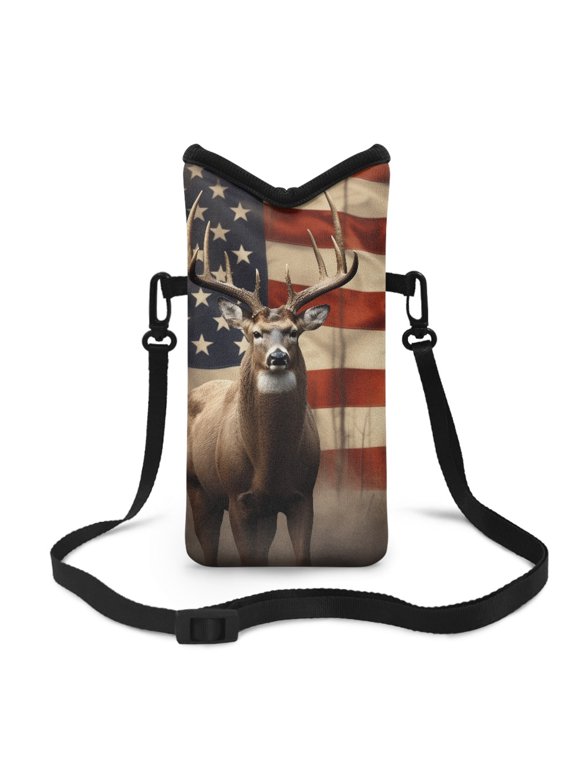 Crossbody Phone Bag Water-Resistant Phone Carrier with Adjustable Strap Small Cell Phone Case Satchel Pouch Fits Most Smartphones for Men Women, 8 x 4 inch, American Flag Deer Pattern