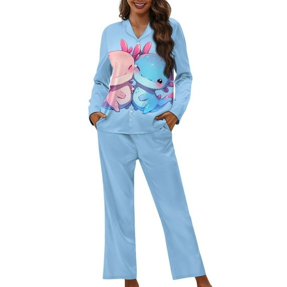 SEANATIVE Cute Axolotl Button Up Pajamas for Women Size 4XL Long Sleeve Nightwear Comfy Loungewear Pjs Sets Soft Lounge Pants Jogger Outfits Womens Button Down Pajamas Sets