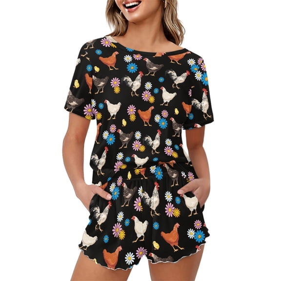 SEANATIVE Daisy Chicken Women Sleepwear with Pockets 2 PCS Soft Sleepwear for Women Pajama Set Size S Night Wear Short Sleeve Pj Loungewear Tops and Pants
