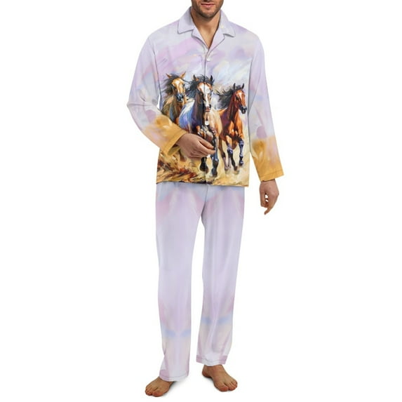 SEANATIVE Desert Horse Mens Long Sleeve Pajamas Set 2 Piece Big and Tall Pajamas for Mens Button Up Pajamas with Pockets Long Pants Sleepwear Sets Nightwear Size M