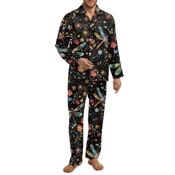 SEANATIVE Diasy Dragonfly Button Up Pajamas with Pockets Size 3XL Holiday Pajamas Men Soft Long Sleeve Top and Pants Loungewear 2 Piece Sleepwear Pj Set Tops and Pants