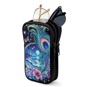 SEANATIVE Double Compartment Eyeglasses Case Shockproof Glasses Case Anti-Scratch Lightweight Sunglasses Pouch Portable Eyewear Storage Pouch with Zipper, Peacock Feather Fantasy Pattern