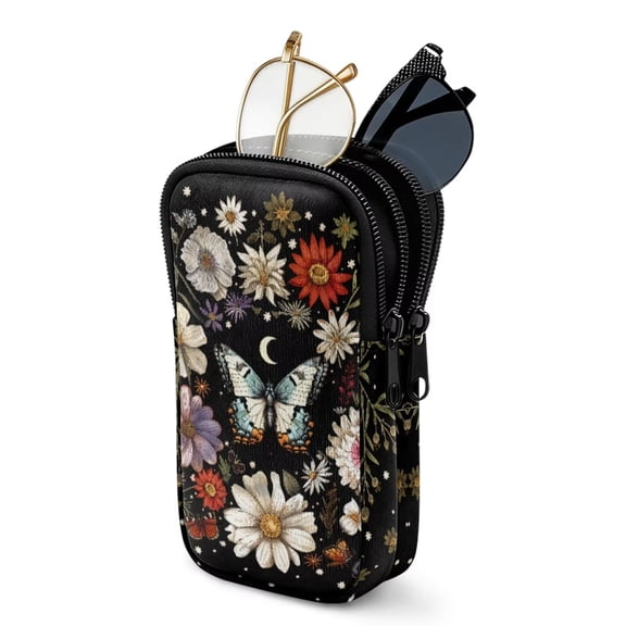 SEANATIVE Double Compartment Eyeglasses Case Shockproof Glasses Case Anti-Scratch Lightweight Sunglasses Pouch Portable Eyewear Storage Pouch with Zipper, Butterfly Daisy Floral Black