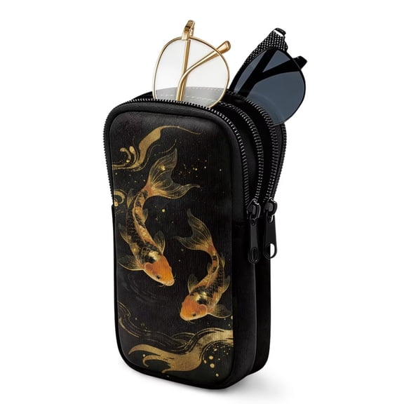 SEANATIVE Double Compartment Eyeglasses Case Shockproof Glasses Case Anti-Scratch Lightweight Sunglasses Pouch Portable Eyewear Storage Pouch with Zipper, Koi Fish Print Gold Black