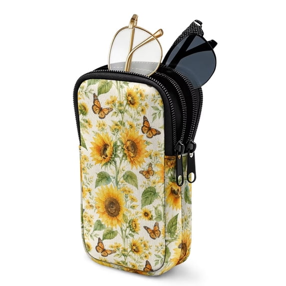 SEANATIVE Double Compartment Eyeglasses Case Shockproof Glasses Case Anti-Scratch Lightweight Sunglasses Pouch Portable Eyewear Storage Pouch with Zipper, Sunflower Butterfly Print