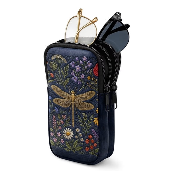 SEANATIVE Double Eyeglass Case with 2 Compartment Glasses Case Zipper Eyewear Pouch Lightweight Soft Neoprene Sunglasses Pouch Travel Glasses Storage Pouch Bag, Dragonfly Daisy Flower Print