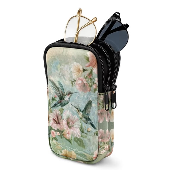 SEANATIVE Double Eyeglass Case with 2 Compartment Glasses Case Zipper Eyewear Pouch Lightweight Soft Neoprene Sunglasses Pouch Travel Glasses Storage Pouch Bag, Hummingbird Floral Green