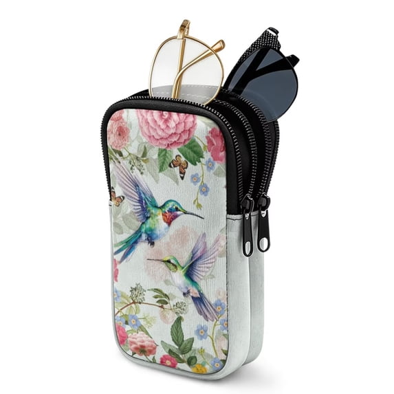 SEANATIVE Double Eyeglass Case with 2 Compartments Soft Lightweight Travel Glasses Case Neoprene Glasses Pouch Zipper Eyewear Storage Pouch for Women, Hummingbird Floral Butterfly Green
