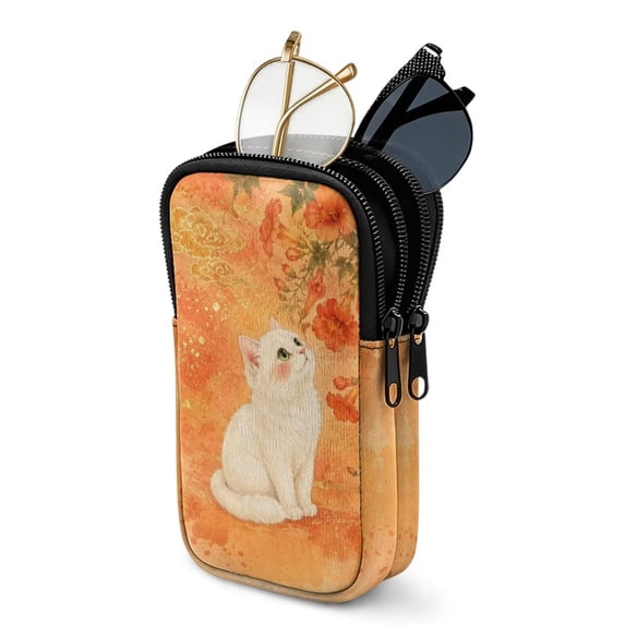SEANATIVE Double Eyeglass Case Zipper Glasses Case Sunglasses Pouch for 2 Pairs of Eyeglasses Sunglasses, Multifunctional Eyewear Organizer Portable Eyewear Accessories, White Cat Print Orange