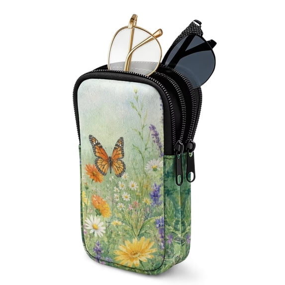 SEANATIVE Double Eyeglass Case Zipper Glasses Case Sunglasses Pouch for 2 Pairs of Eyeglasses Sunglasses, Printed Eyewear Organizer Portable Eyewear Accessories, Daisy Butterfly Leaf Green