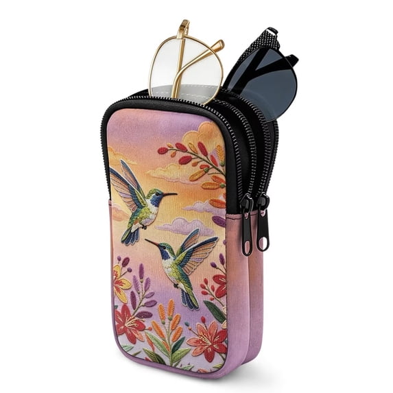 SEANATIVE Double Eyeglasses Case Neoprene Zipper Sunglasses Pouch Shockproof Glasses Case Anti-Scratch Lightweight Eyewear Pouch for Two Pairs of Glasses, Hummingbird Floral Violet Orange
