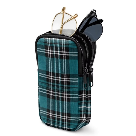 SEANATIVE Double Glasses Case Soft Neoprene Zipper Sunglasses Pouch with 2 Pockets, Lightweight Portable Eyewear Holder for Women Men Travel Glasses Organizer Pouch, Teal Plaid Print
