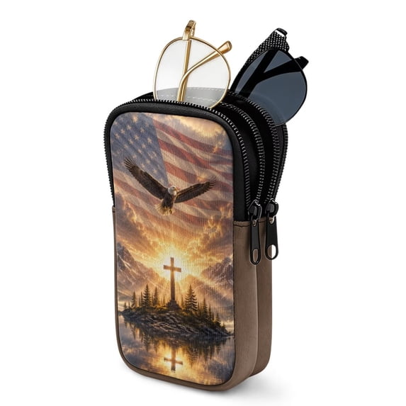 SEANATIVE Double Glasses Case Soft Neoprene Zipper Sunglasses Pouch with 2 Pockets, Lightweight Portable Eyewear Holder for Women Men Travel Glasses Organizer Pouch, Patriotic Eagle Cross Pattern
